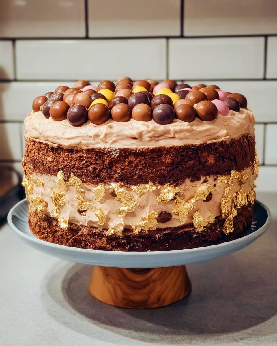 A tall Fault Line Cake with yellow cake layers and Nutella Swiss meringue buttercream showing a gold-edged gap filled with sprinkles.