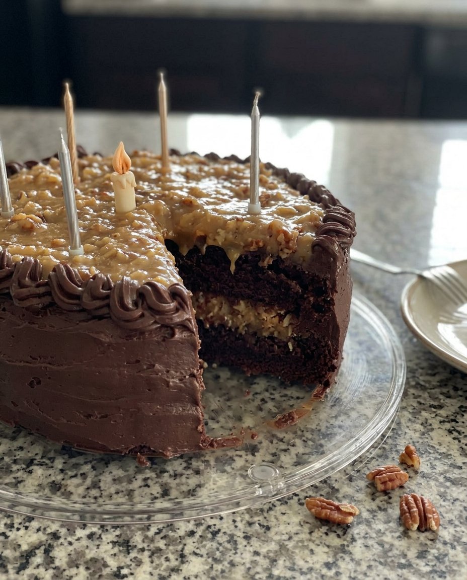 Candle Cake 14 A tall chocolate candle cake with smooth frosting and elegant candles on top.