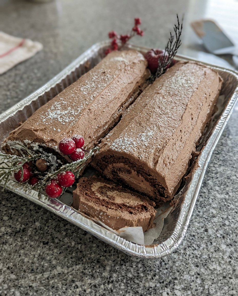 A fully decorated Yule Log Cake on a white serving platter.