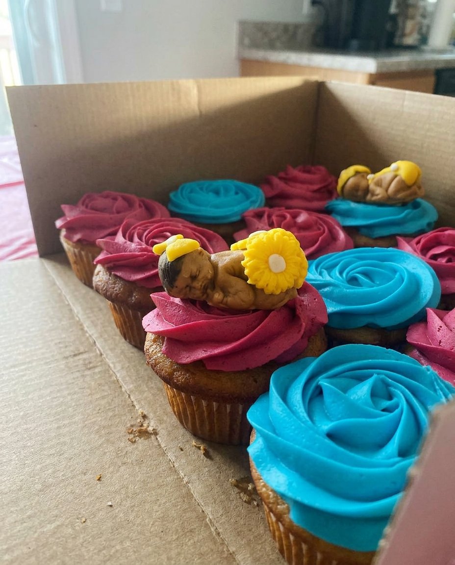 Cake Toppers 14 A tall layer cake decorated with several handmade edible cake toppers standing upright.