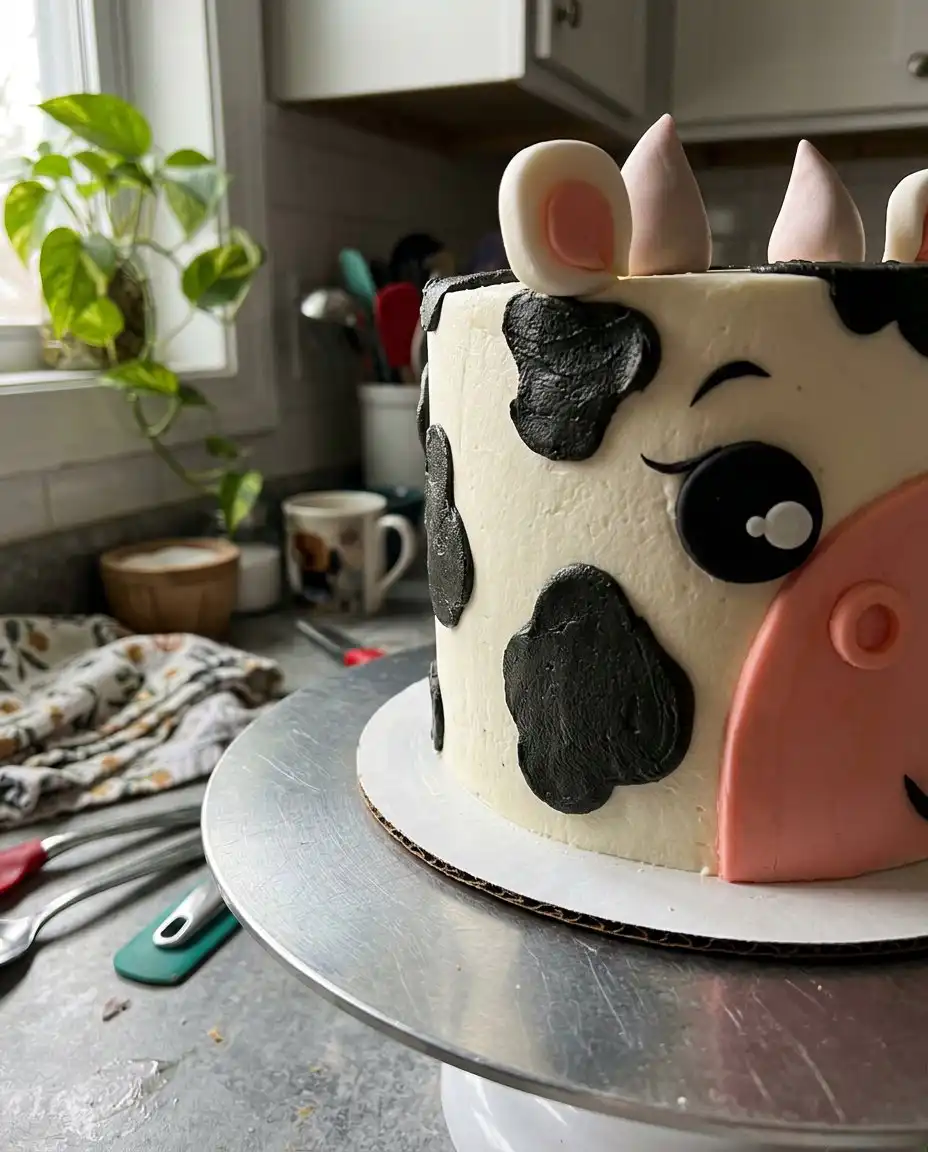The final cow cake with pink snout and fondant ears