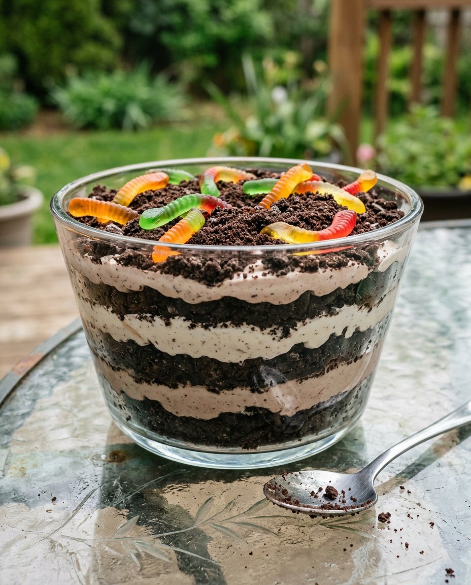 Easter dirt cake topped with Peeps and chocolate eggs