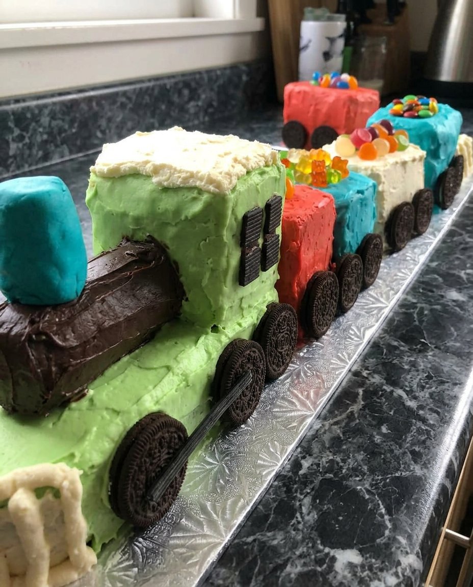Completed train cake sitting on candy drizzle tracks