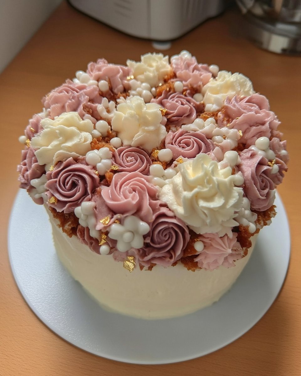 Ingredients for floral cake including flour sugar eggs and rose water essence.
