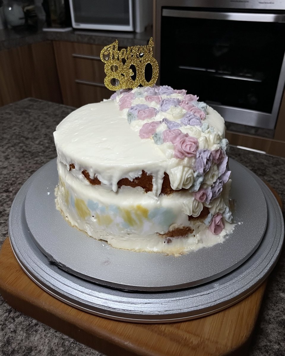 A slice of floral cake served on a vintage plate with a glass of sweet tea.
