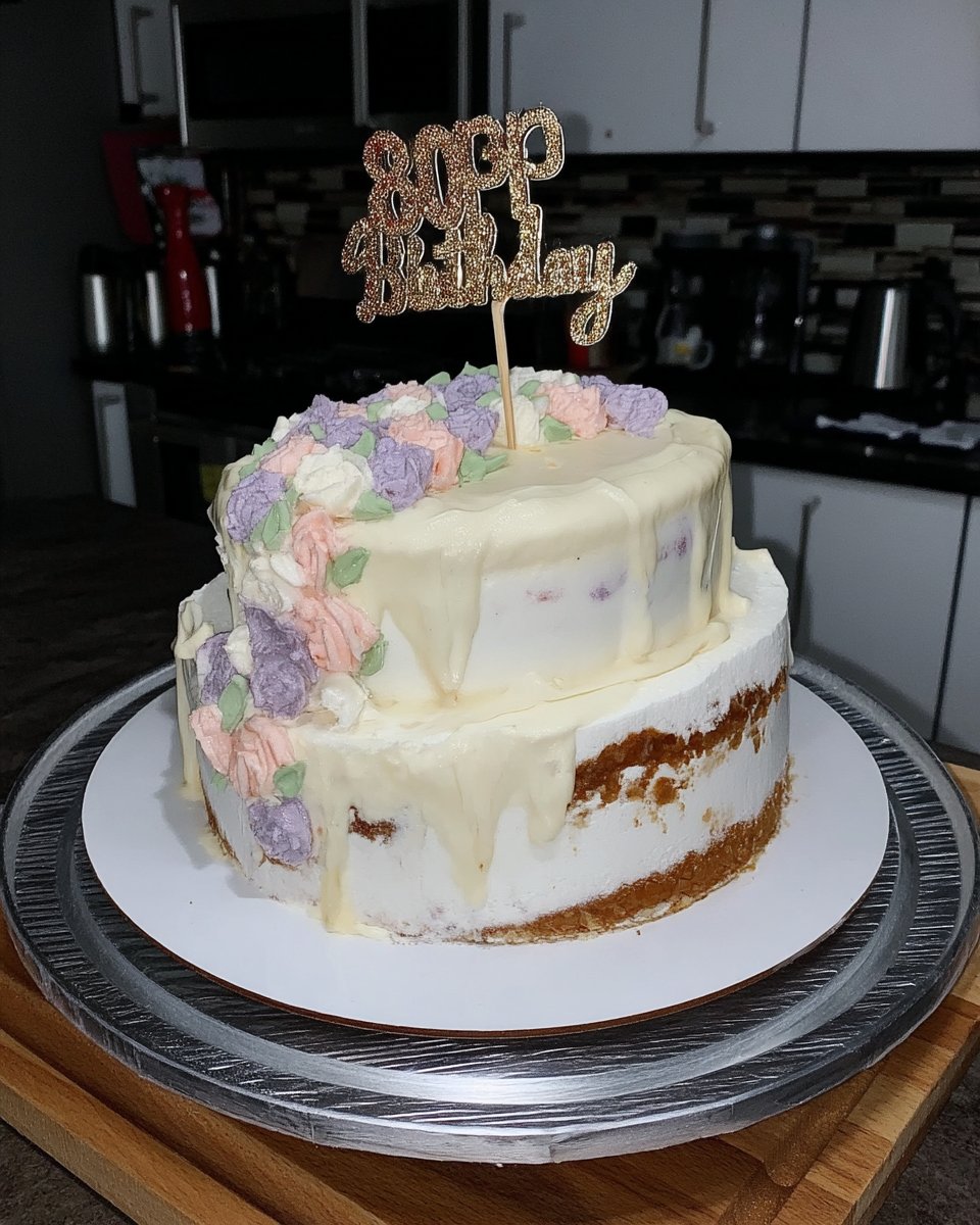 A stunning floral cake with intricate pink and blue buttercream roses on a white base.