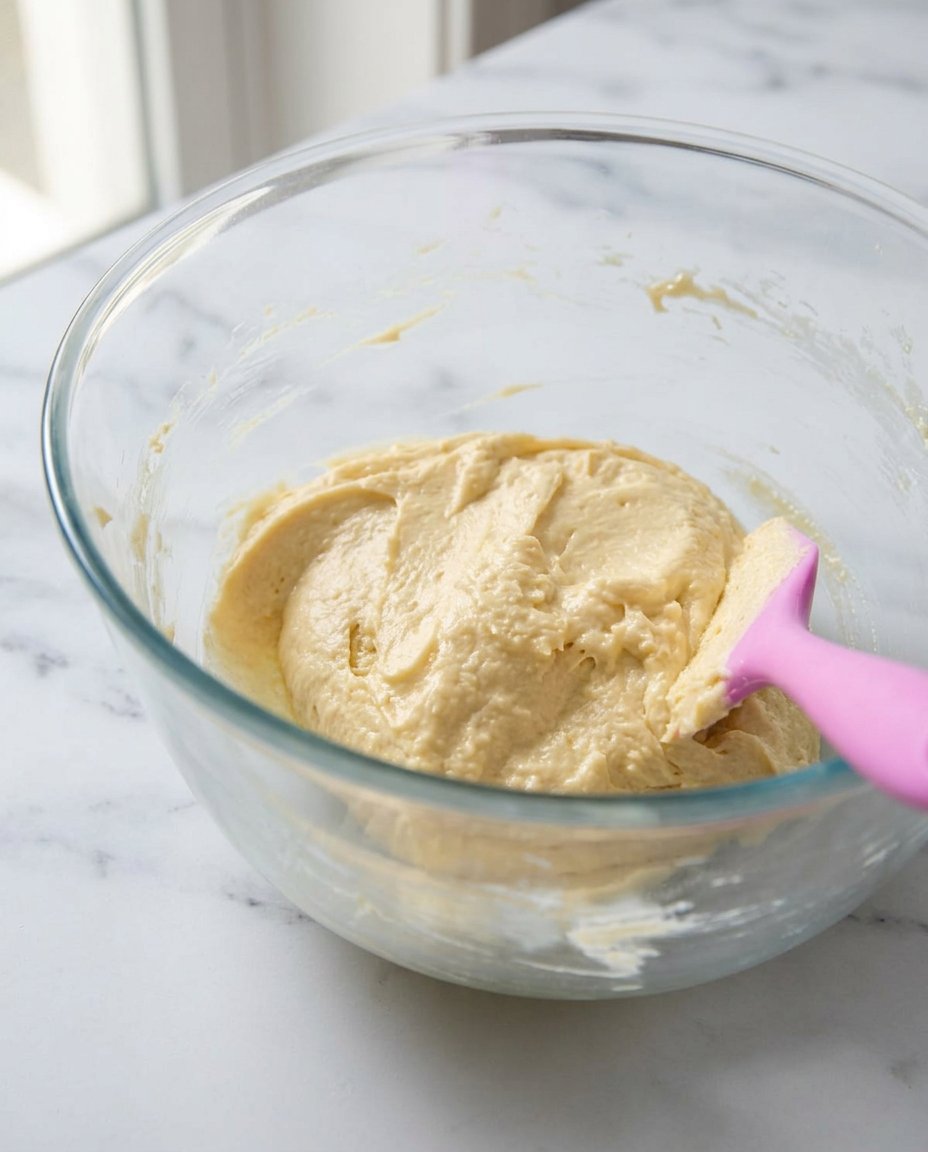 A spatula folding diced apples into a thick golden cake batter in a glass bowl