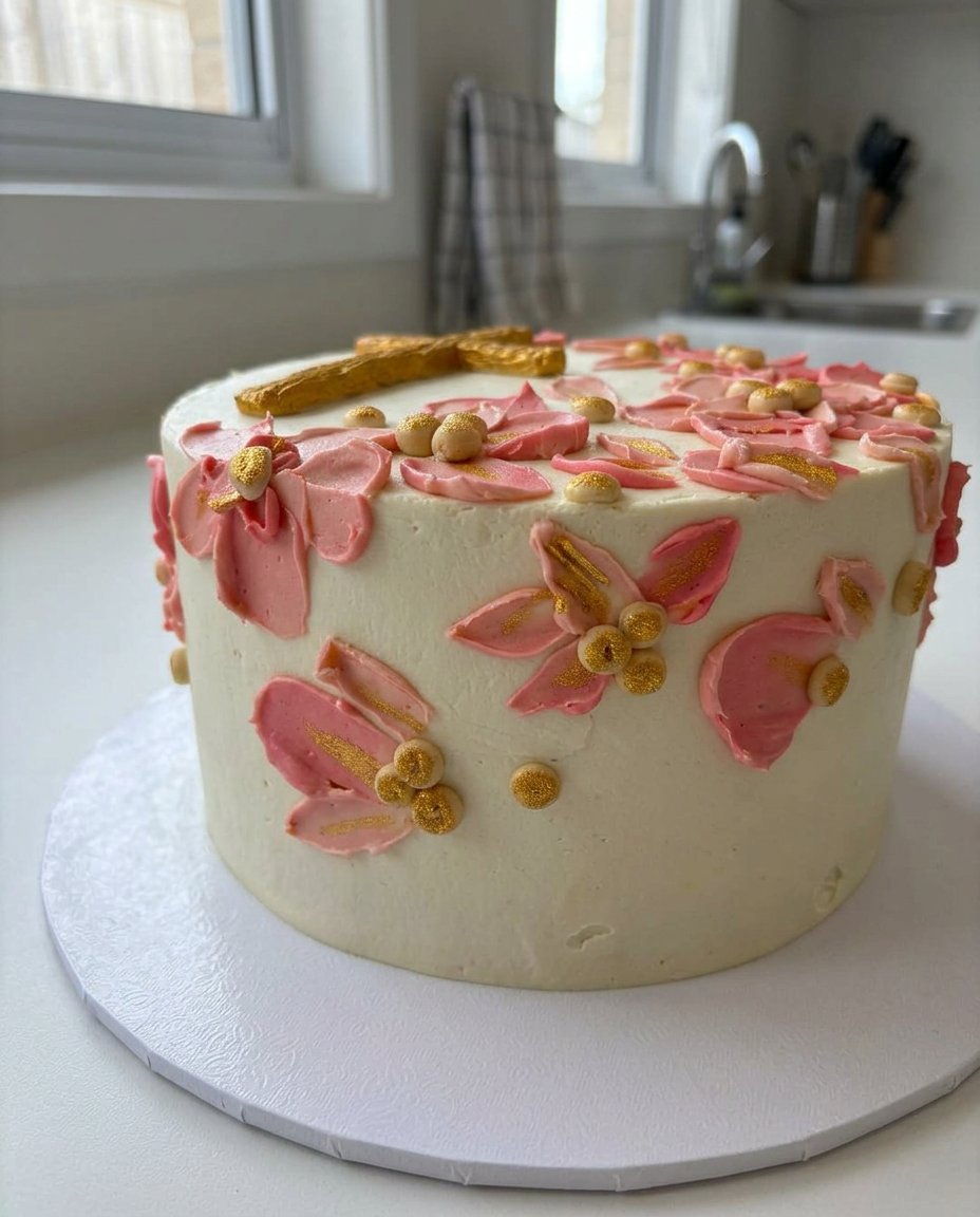 Baptism Cake 13 A person using a spatula to gently fold whipped egg whites into a light cake batter