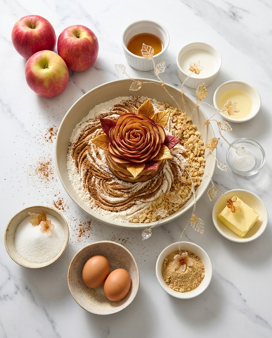 Crates of fresh Honeycrisp apples next to bowls of flour, butter, and farm eggs