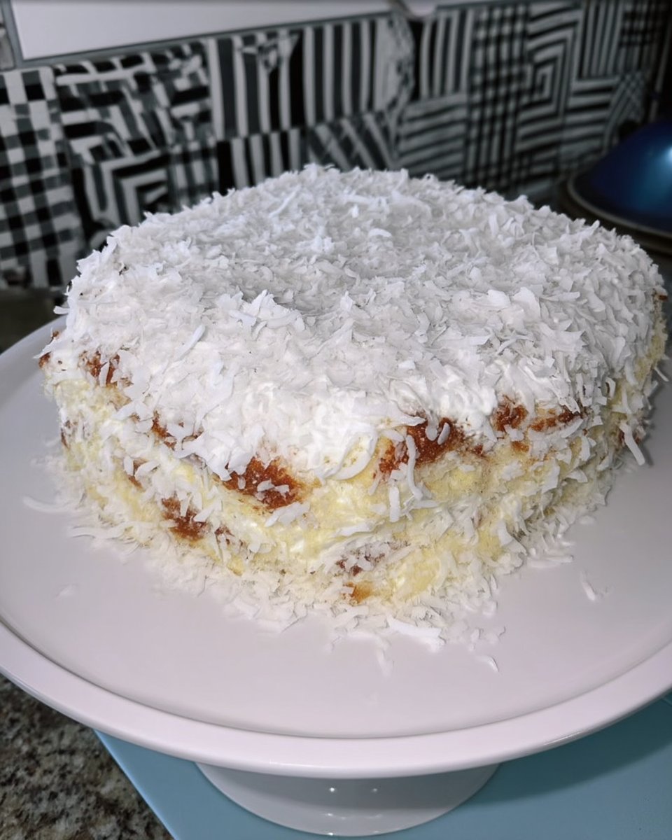 Measured ingredients for coconut cake including flour butter eggs and coconut milk