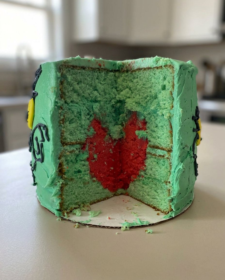 Ingredients like cake flour, butter, and gel food coloring for the Grinch Cake