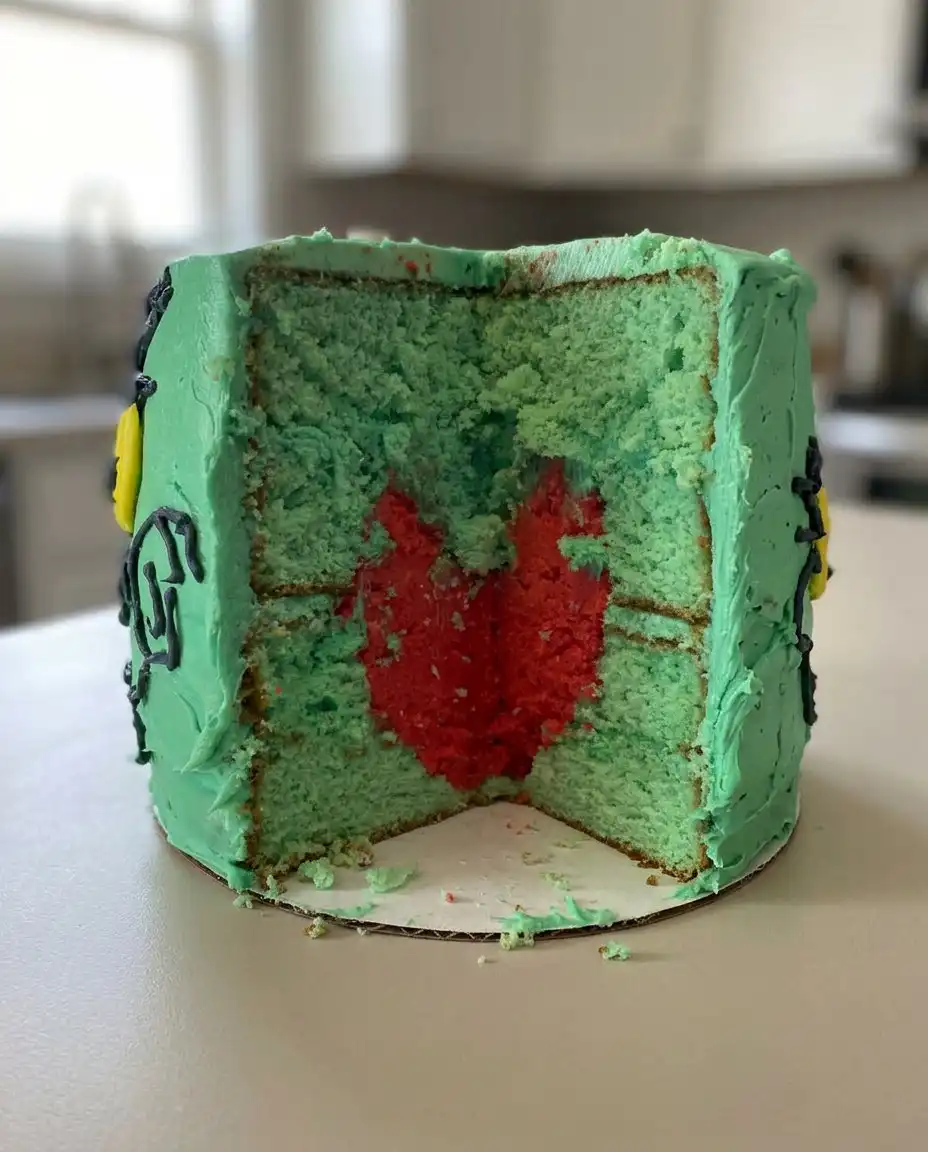 Grinch Cake 12 Ingredients like cake flour, butter, and gel food coloring for the Grinch Cake