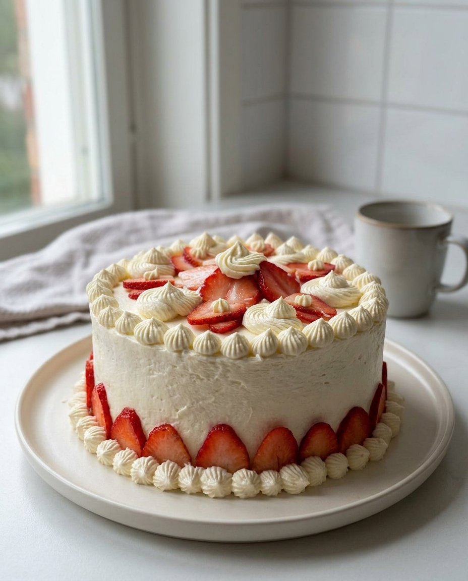 Strawberry Vanilla Cake 12 A flat lay of fresh strawberries, eggs, flour, and vanilla extract on a white marble surface.