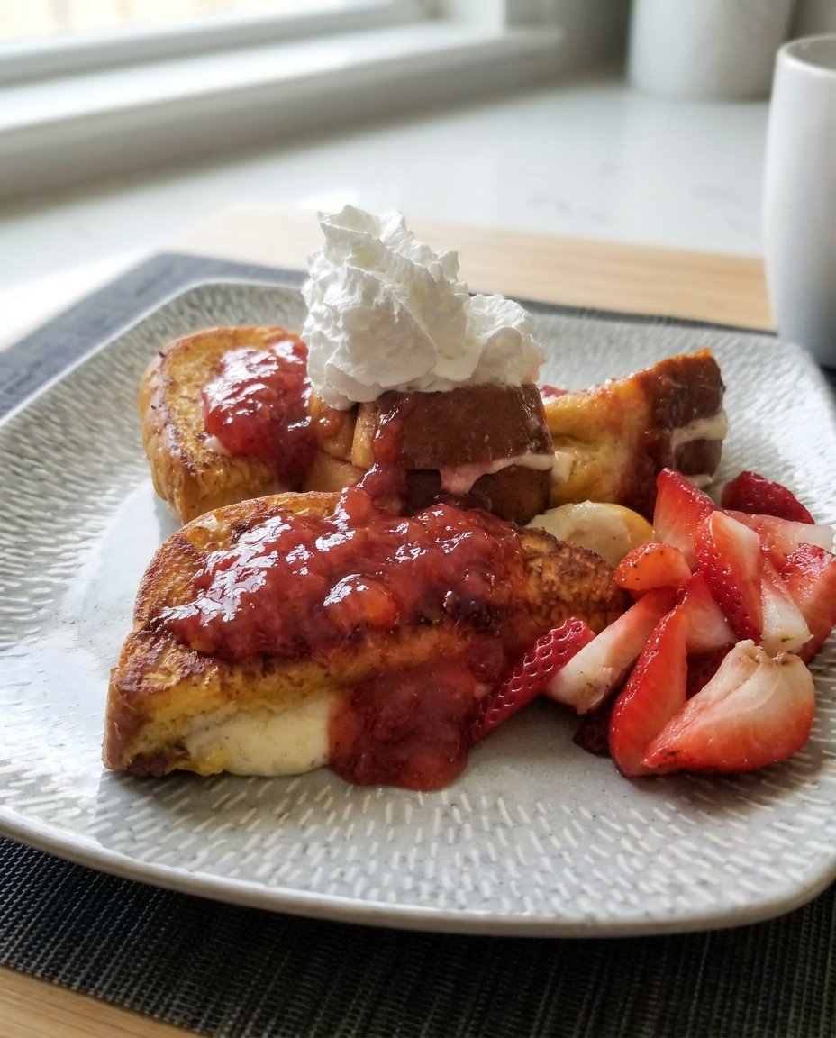 Bowls of fresh strawberries and blocks of cream cheese on a wooden kitchen counter.