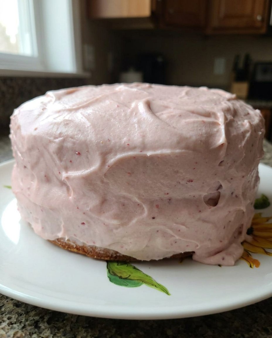 A slice of strawberry cake on a floral plate next to a glass of sweet tea