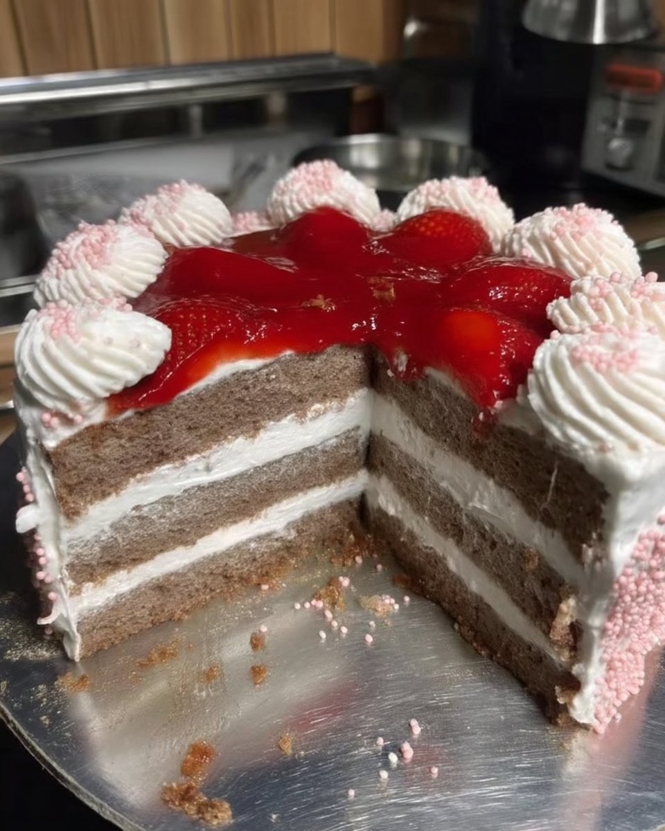 A thick slice of fresh strawberry cake showing a moist pink crumb and silky buttercream frosting.