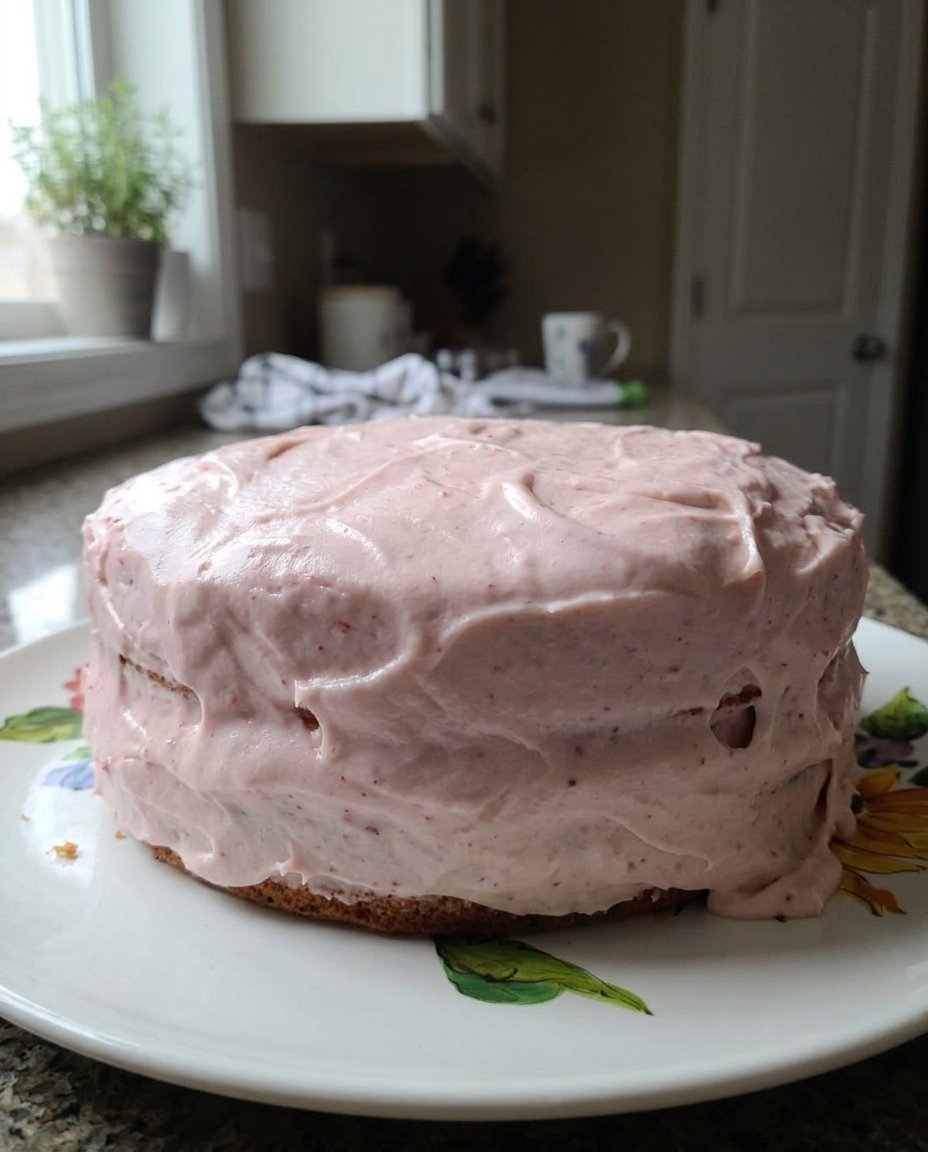 A beautiful fresh strawberry cake with pink frosting on a rustic wooden table