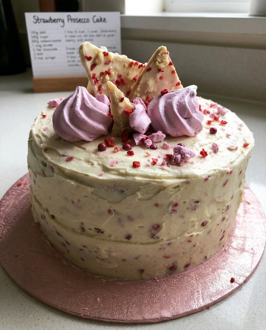 A beautiful two layer strawberry prosecco cake decorated with fresh berries on a white cake stand.