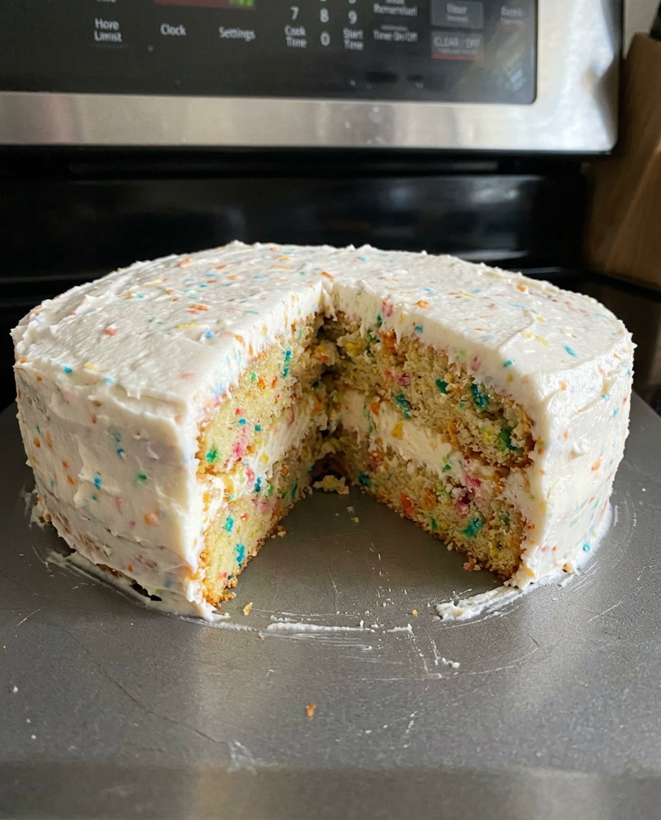 Homemade Cake 14 A thick slice of homemade cake with vanilla buttercream frosting on a small plate.