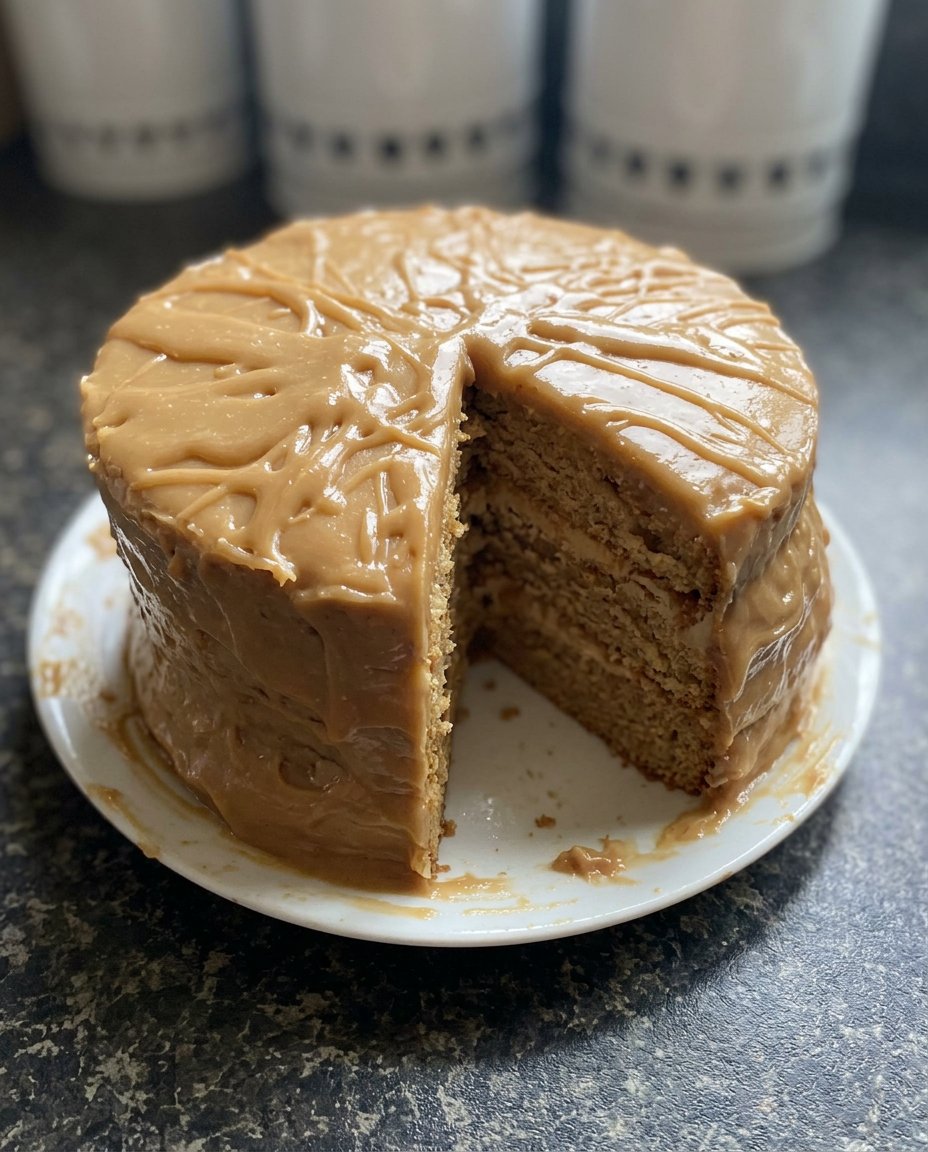 Caramel Cake 13 Caramel frosting being beaten in a saucepan showing a glossy texture