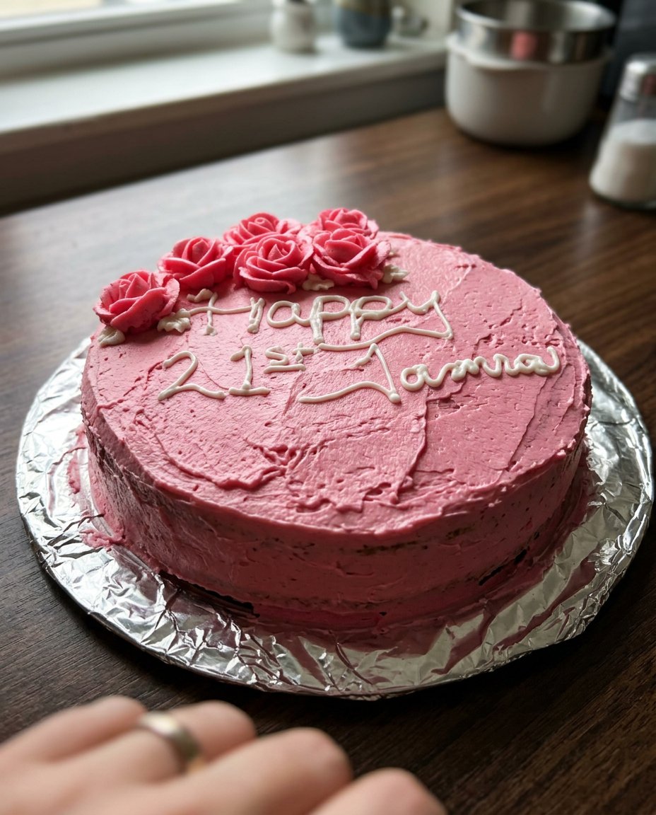 Birthday Cake 13 Chocolate cream cheese frosting showing stiff peaks on a whisk.