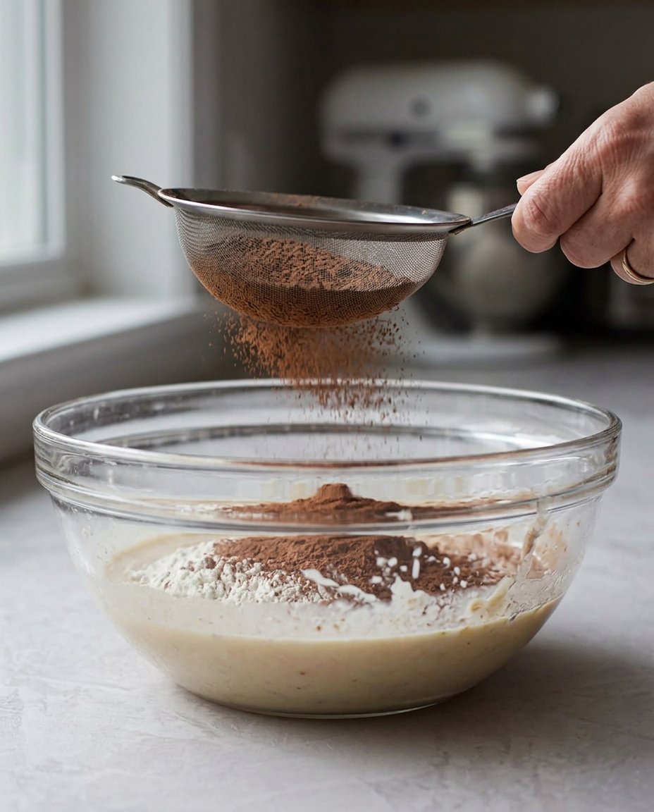 Creamy chocolate frosting being spread in thick swirls over a square cake.