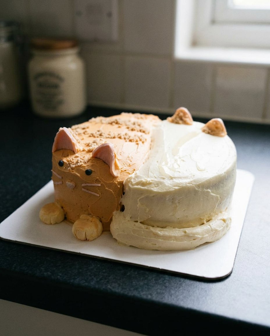 Cat Cake 13 A close up of cream cheese frosting being spread onto a chocolate cake layer.
