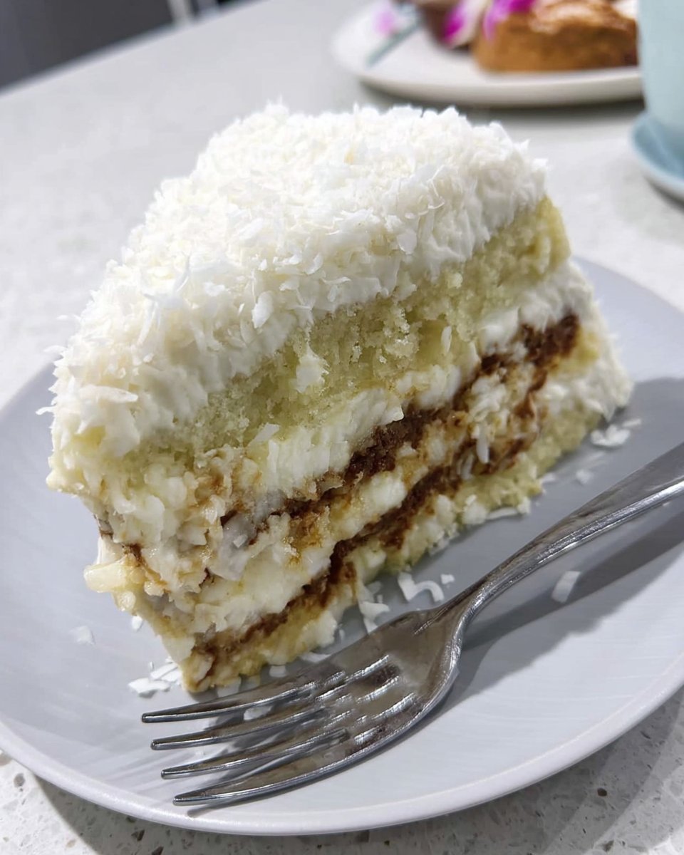 A close up of cream cheese frosting being spread on a coconut cake layer