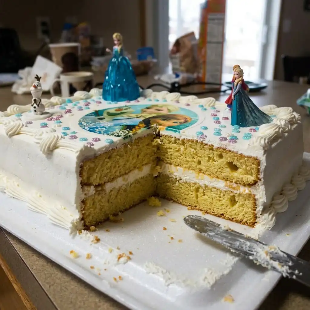 The finished Frozen Cake displayed on a rustic wooden cake stand