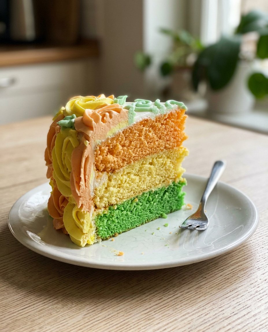 Lemon Rainbow Cake 13 Pouring white lemon glaze over a colorful rainbow Bundt cake on a wire rack.