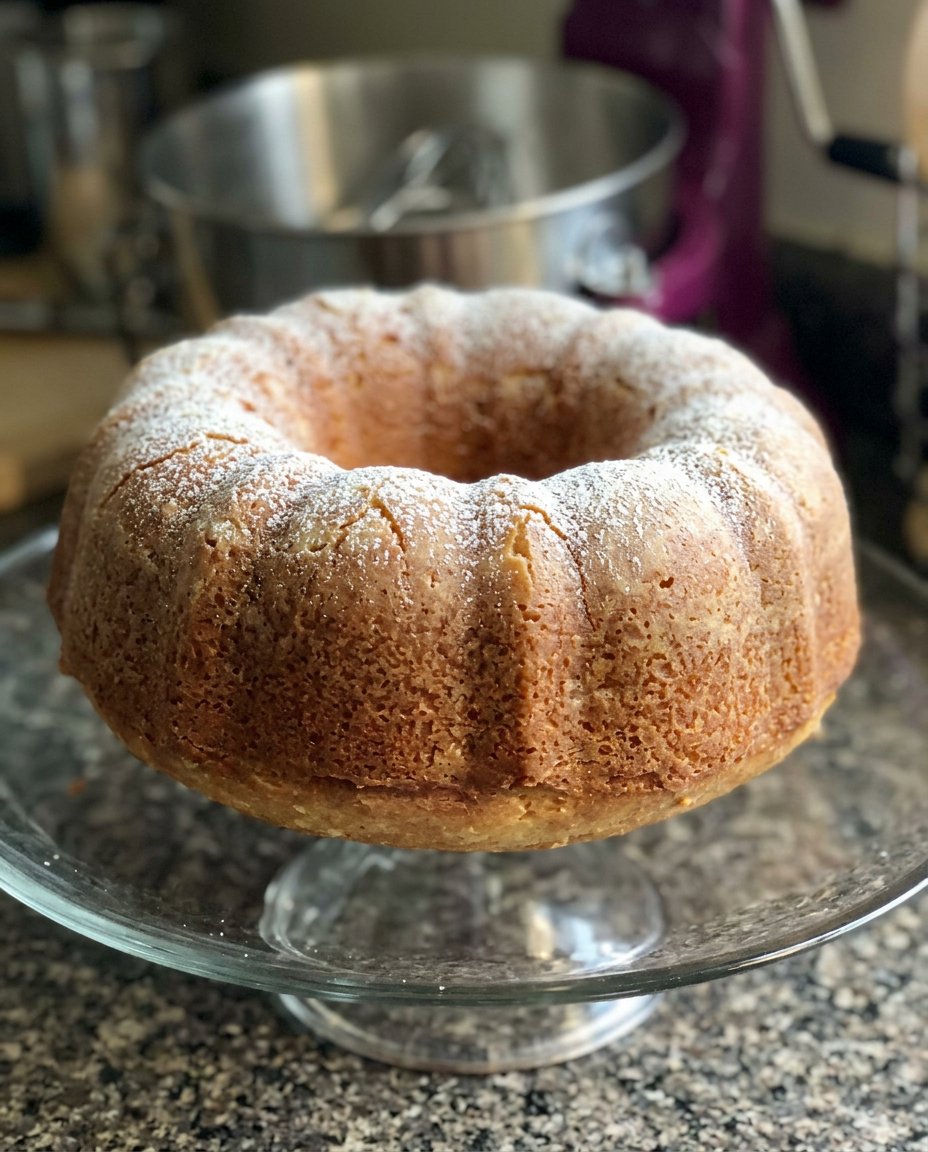 A thick slice of golden brown cake with a sugary crust on a rustic wooden plate