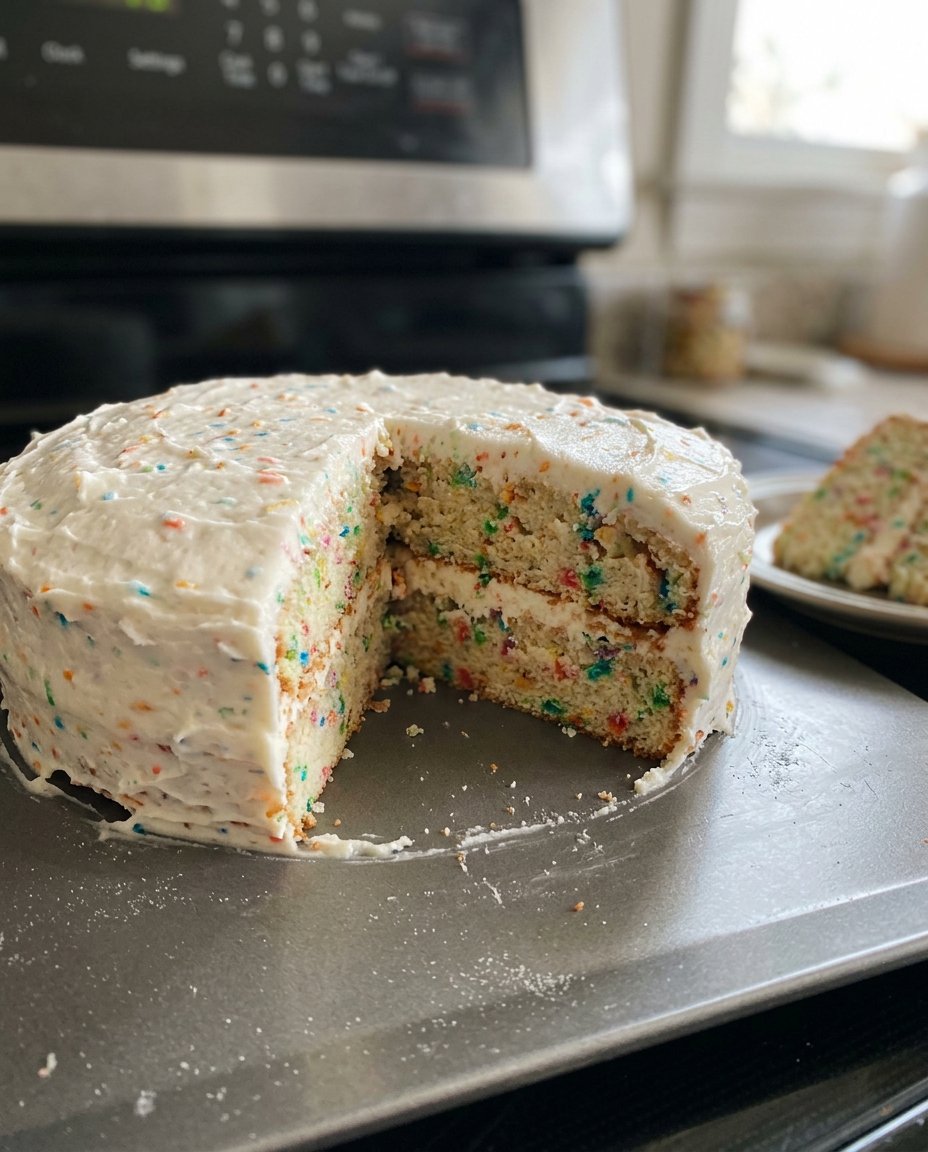 A golden homemade vanilla cake on a white ceramic platter with a perfect tender crumb.
