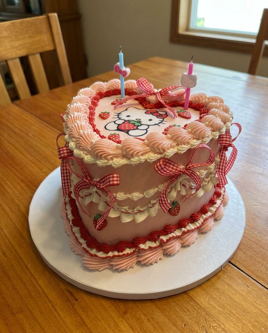 Measured ingredients for a Hello Kitty cake including cake flour and fresh strawberries.