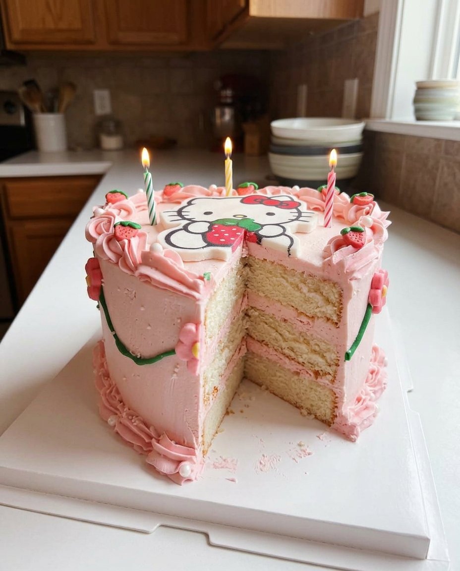 A golden Hello Kitty shaped cake releasing perfectly from an aluminum pan.