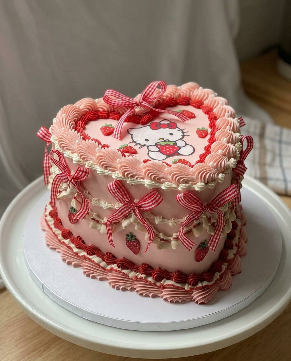 A completed Hello Kitty cake with white pink and yellow star tipped buttercream decoration.