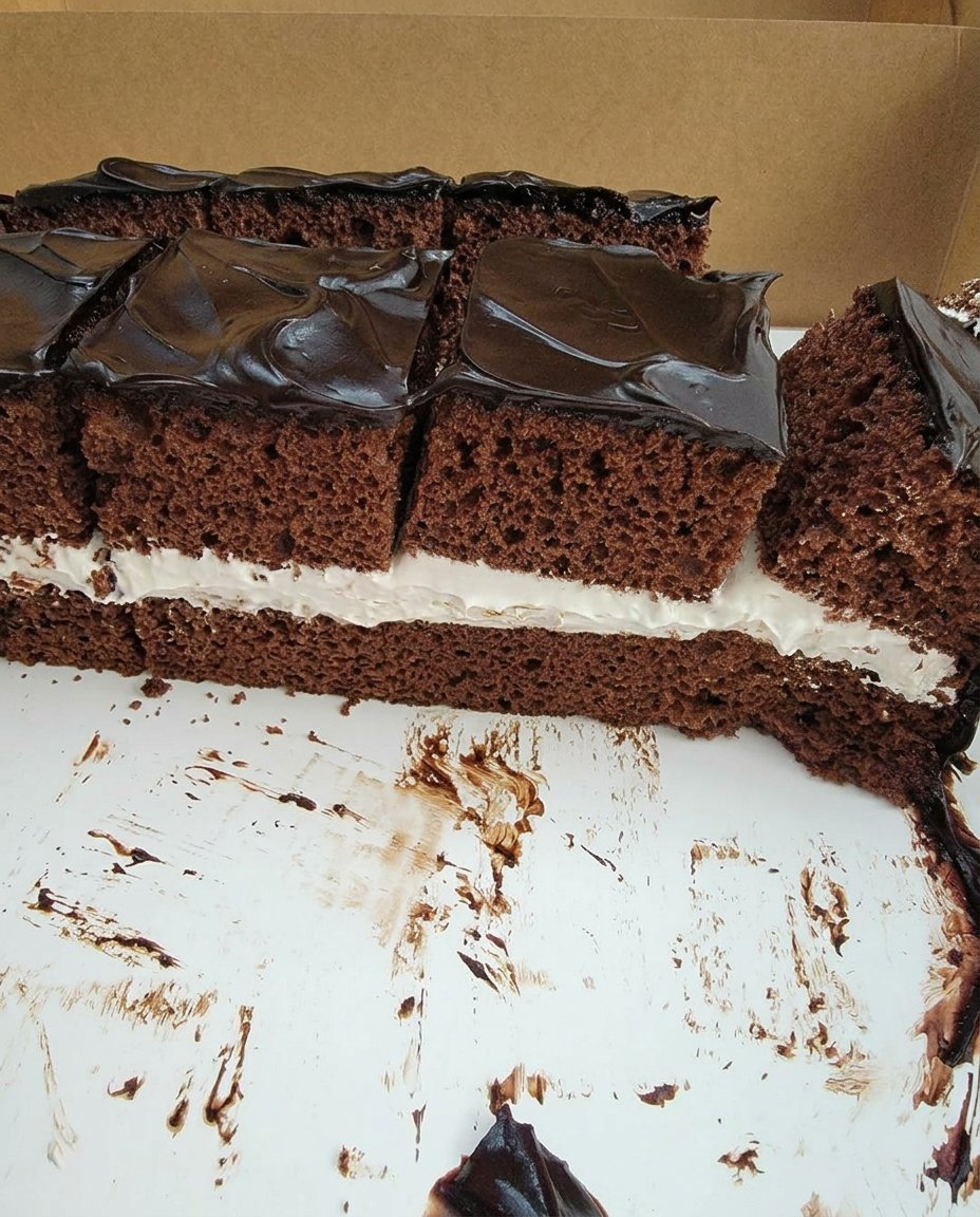 A moist chocolate square cake cooling on a wire rack in a sunlit Southern kitchen.