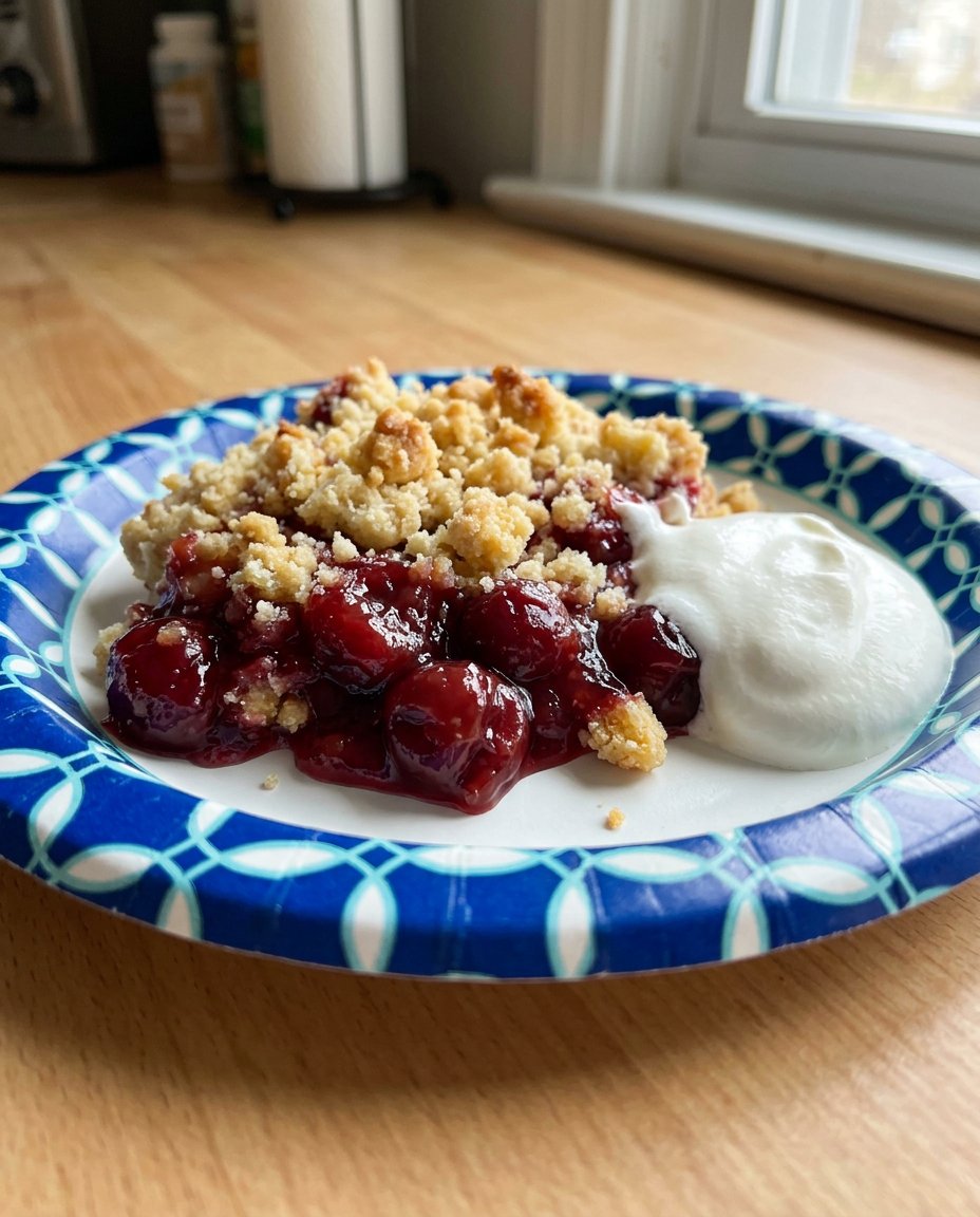 The five essential ingredients for cherry dump cake arranged on a counter including cake mix and canned fruit.