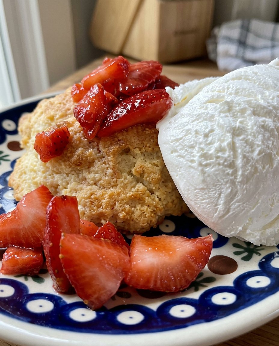 Fresh strawberries, buttermilk, salted butter, and flour on a wooden farmhouse table
