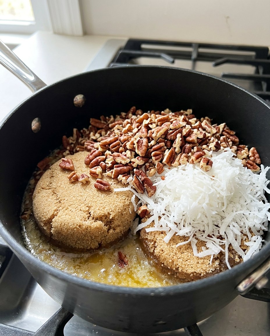 Oatmeal Cake 12 An array of baking ingredients including old-fashioned oats, brown sugar, and butter.