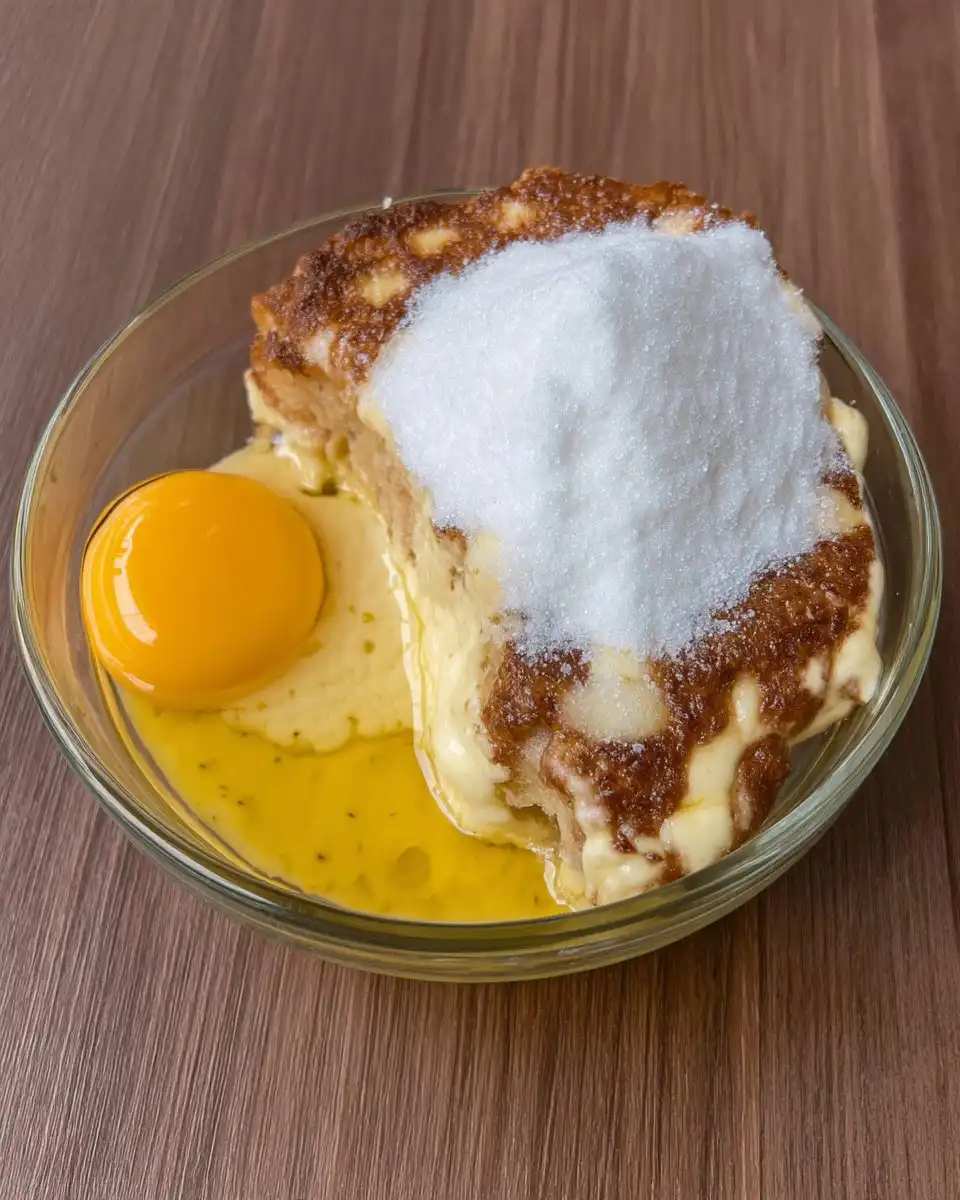 A collection of ingredients including flour, butter, cream cheese, and powdered sugar on a wooden table.