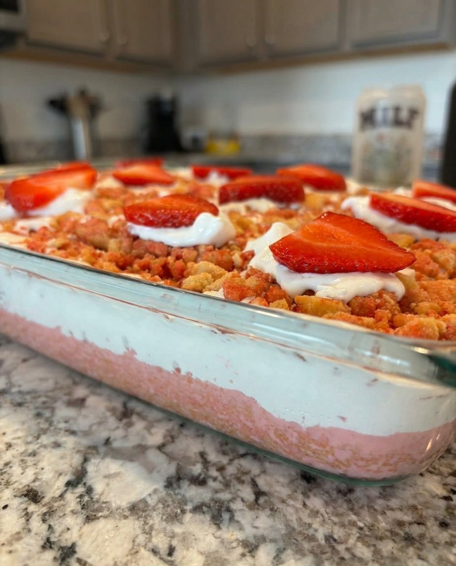 A collection of ingredients including white cake mix, strawberry pie filling, and fresh berries.