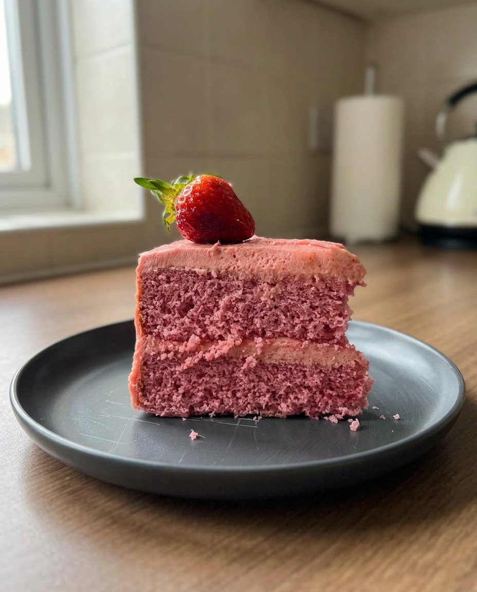 Top down view of butter sugar eggs flour prosecco and fresh strawberries on a kitchen counter.