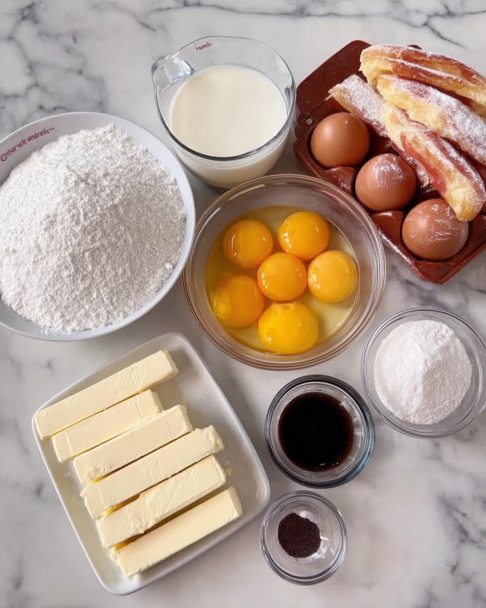Ingredients for yellow cake including buttermilk, cake flour, and fresh eggs