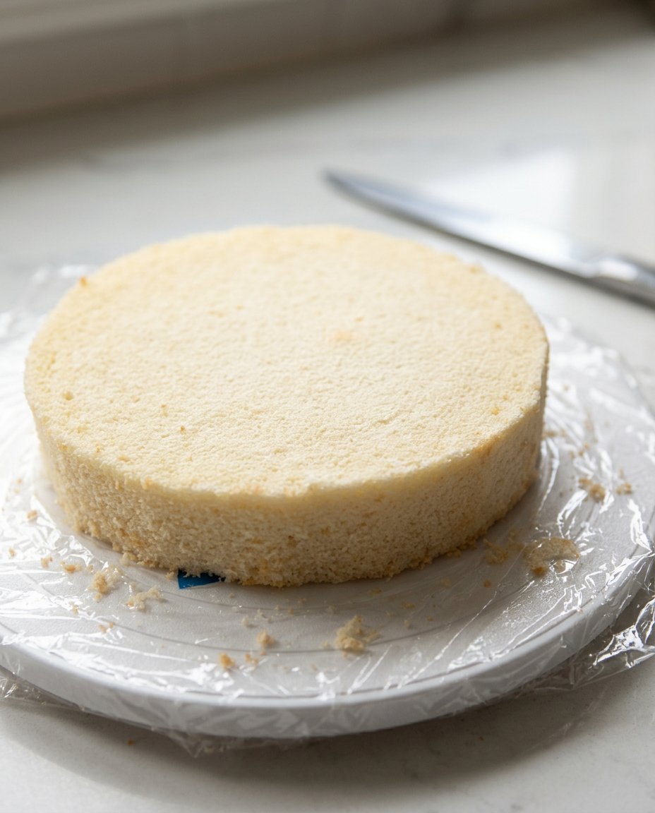A chef's hand using a bench scraper to smooth white buttercream on a cake.