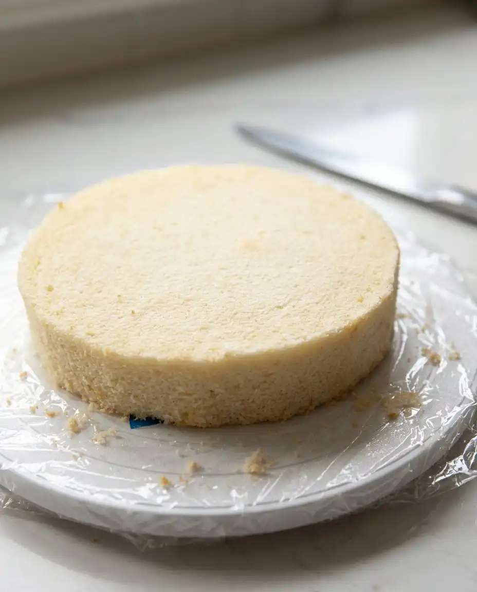 A chef's hand using a bench scraper to smooth white buttercream on a cake.