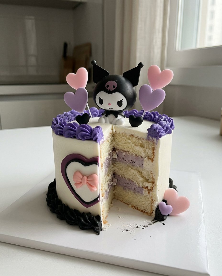 A professional Kuromi cake design with black and purple frosting