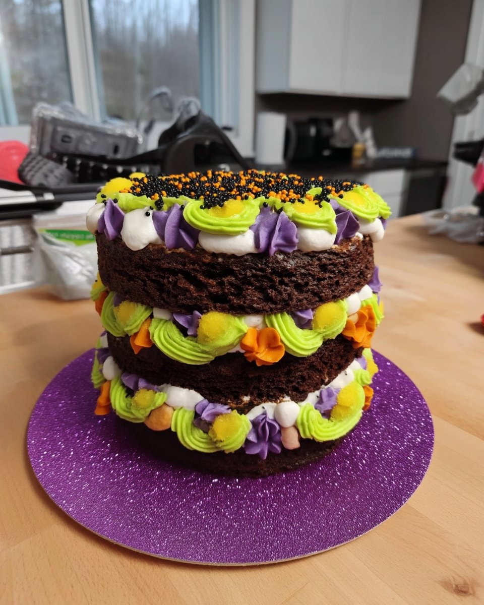 Detailed close up of pink and orange buttercream ruffles on a Lambeth cake