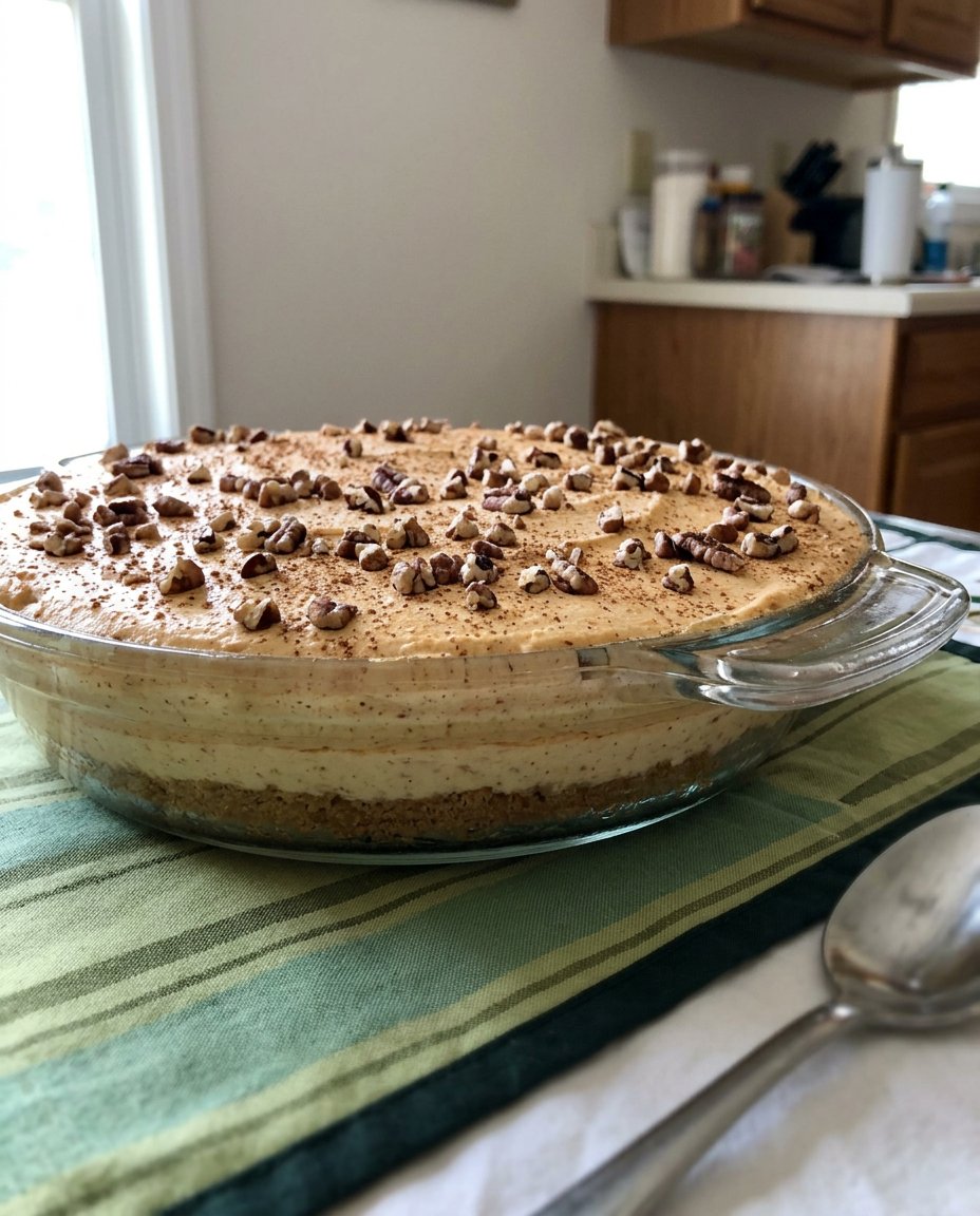 A beautiful layered Thanksgiving Cake featuring a pecan crust, cream cheese layer, and spiced pumpkin topping.