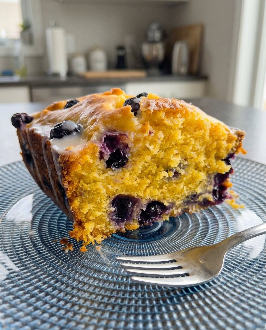An offset spatula spreading thick lemon cream cheese frosting over a blueberry cake layer.