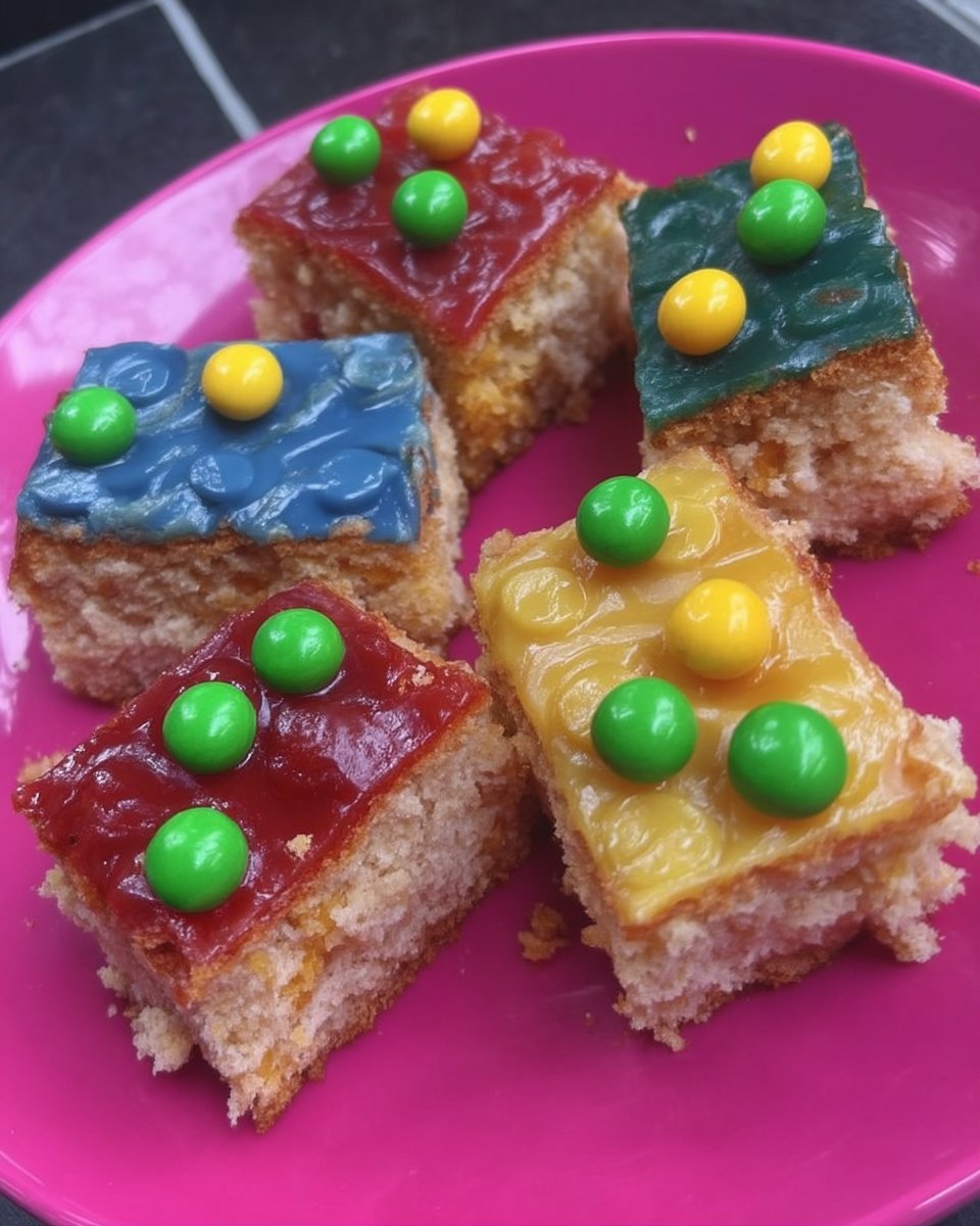 A grid of precisely cut Lego cake bricks in multiple colors